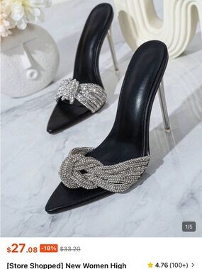 SHEIN Black Satin Pointed Stiletto Mules with Silver Crystal Knot